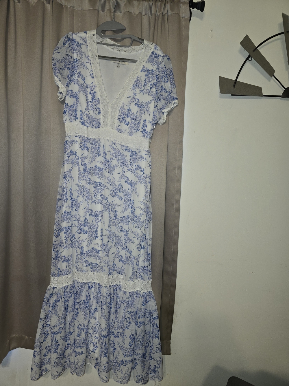White and Blue Floral V-Neck Maxi Dress